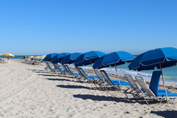 A row of beach chairs and umbrellas in Miami, Florida
